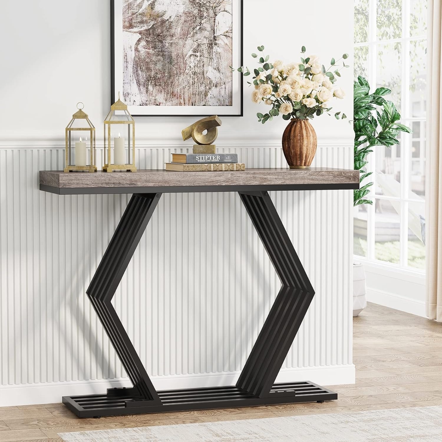 42 Inch Entryway Table with Geometric Metal Base On Sale Bed