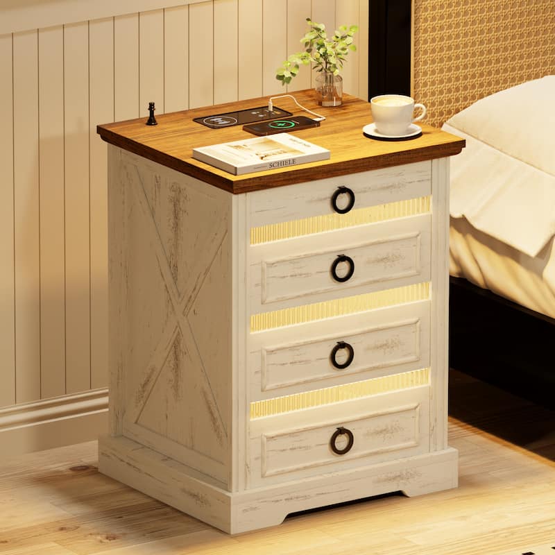 LED 2-Drawer Nightstand With Charging Station and Gun Drawer - Antique White