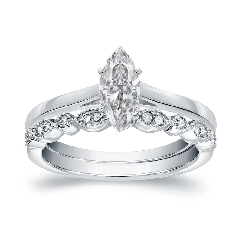 Auriya 14k Gold 1/2ctw Vintage Marquise-cut Solitaire Diamond Engagement Ring Set