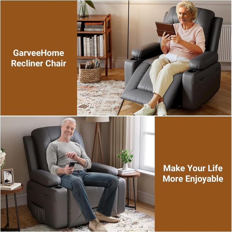 Power lift recliner chair with massage, cup holders, and side pocket.