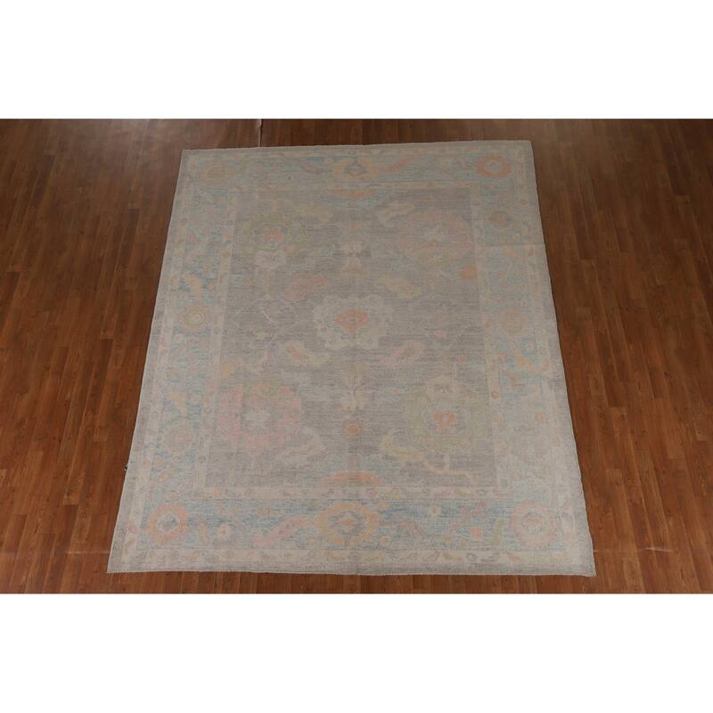 Hand Knotted Oriental 100% Wool Carpet Transitional All-Over Greys & Charcoal Oushak Area Rug - 9' 5'' X 7' 9''