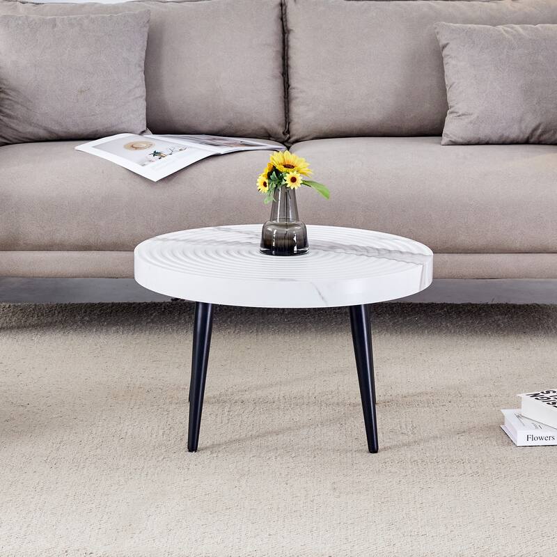 Marble Pattern Round Coffee Table,Exquisite Suction Molding Process,Marble Pattern Design,Black Sprayed Metal Leg