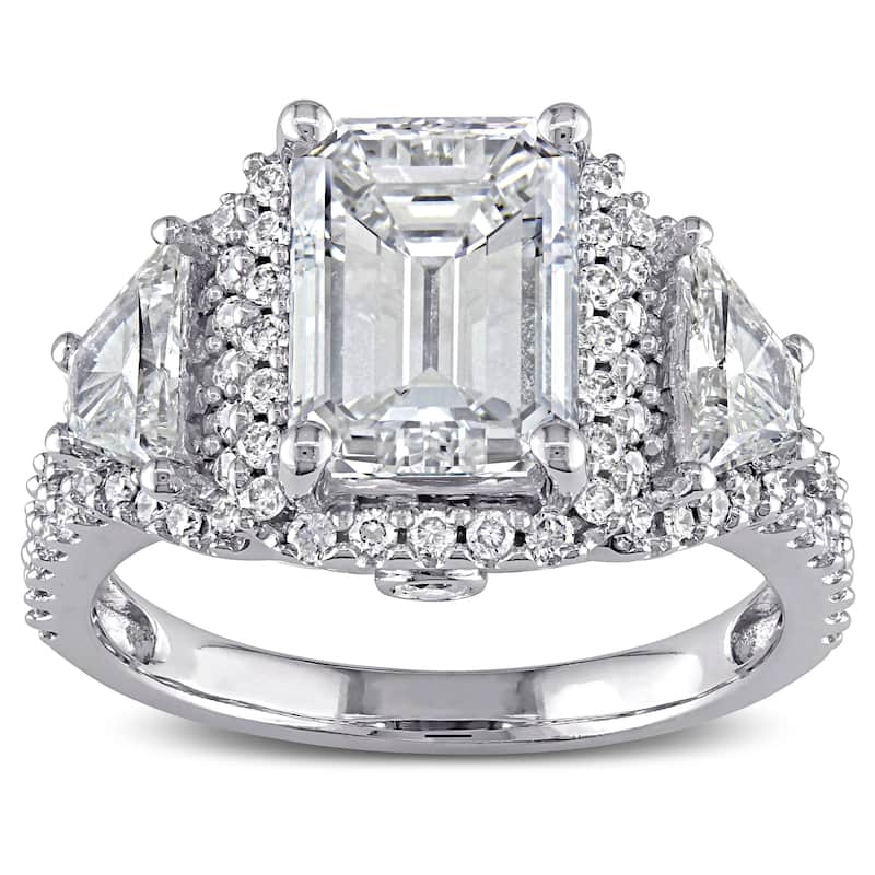 Miadora 3 3/4ct TDW Emerald Cut, Trapezoid and Round Diamond Halo Engagement Ring in 14k White Gold