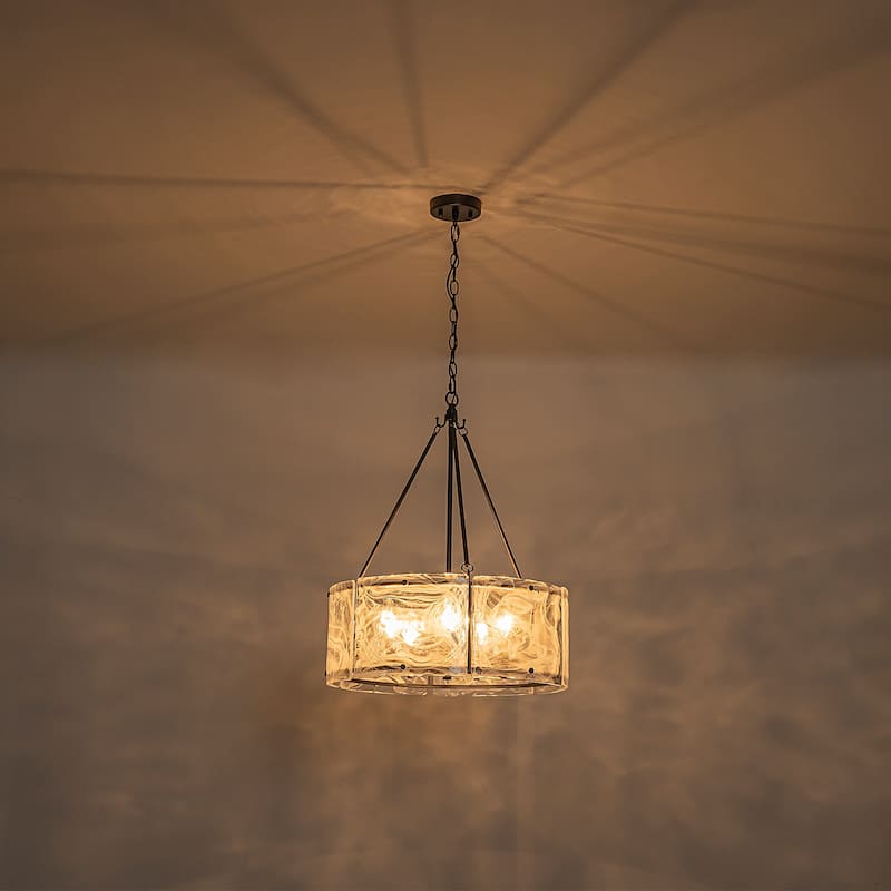 Modern 5-Light 20.5" Lantern Drum Chandelier Water Ripple Glass Pendant for Dining Room