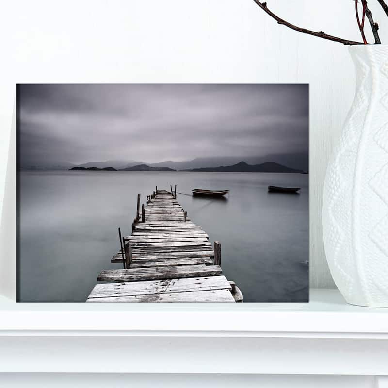 DesignArt "Pier and Boats at Seashore" Bridge and Pier Canvas Wall Art - 12 in. wide x 8 in. high