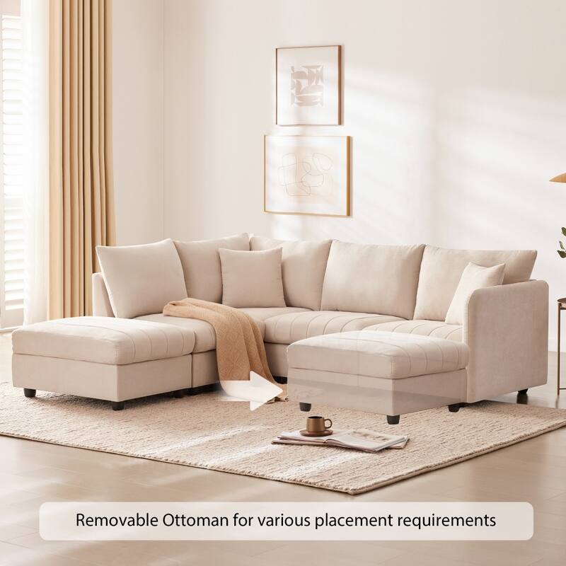89" Modern Modular L-Shaped Sectional Sofa with Deep Seat,Movable Ottoman,Throw Pillows