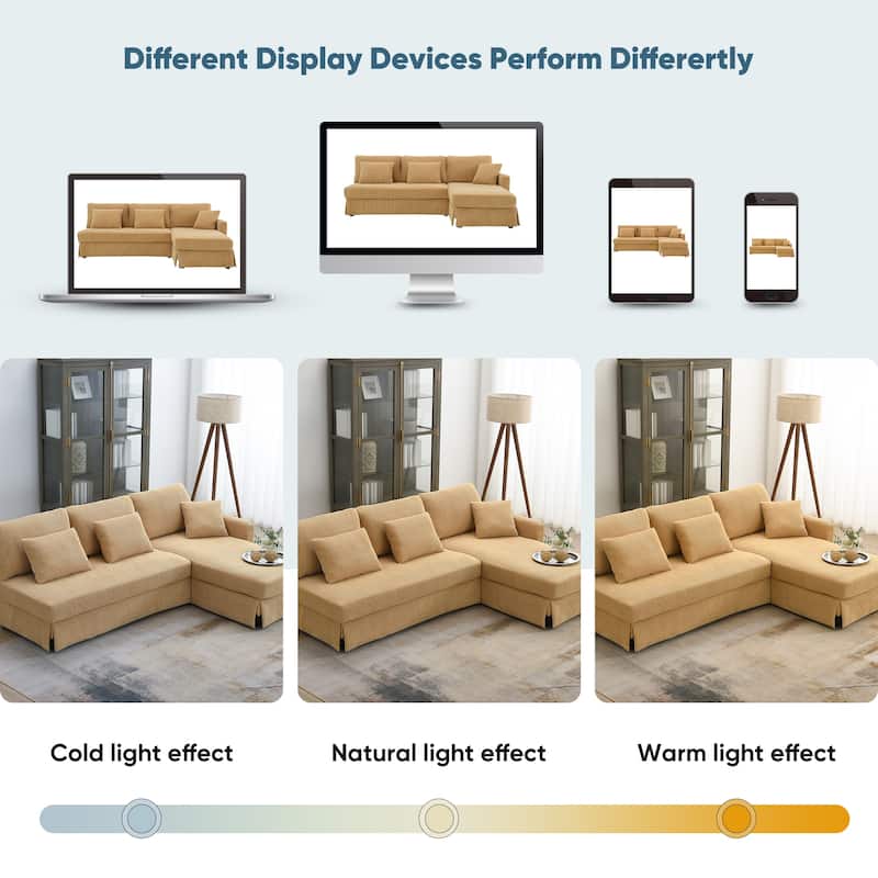 Modern L-Shaped Sofa with Reversible Chaise, 87" Corduroy Upholstered Sectional Sofa with Pillows