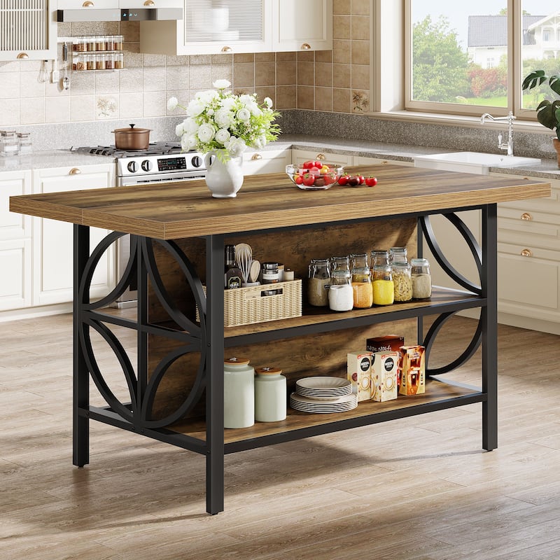 63'' Industrial Kitchen Island Bar Table with Open Storage Shelves - Brown