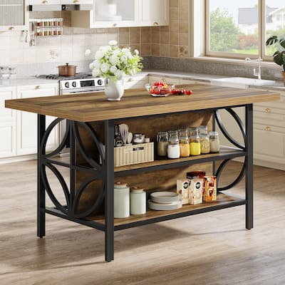 63'' Industrial Kitchen Island Bar Table with Open Storage Shelves