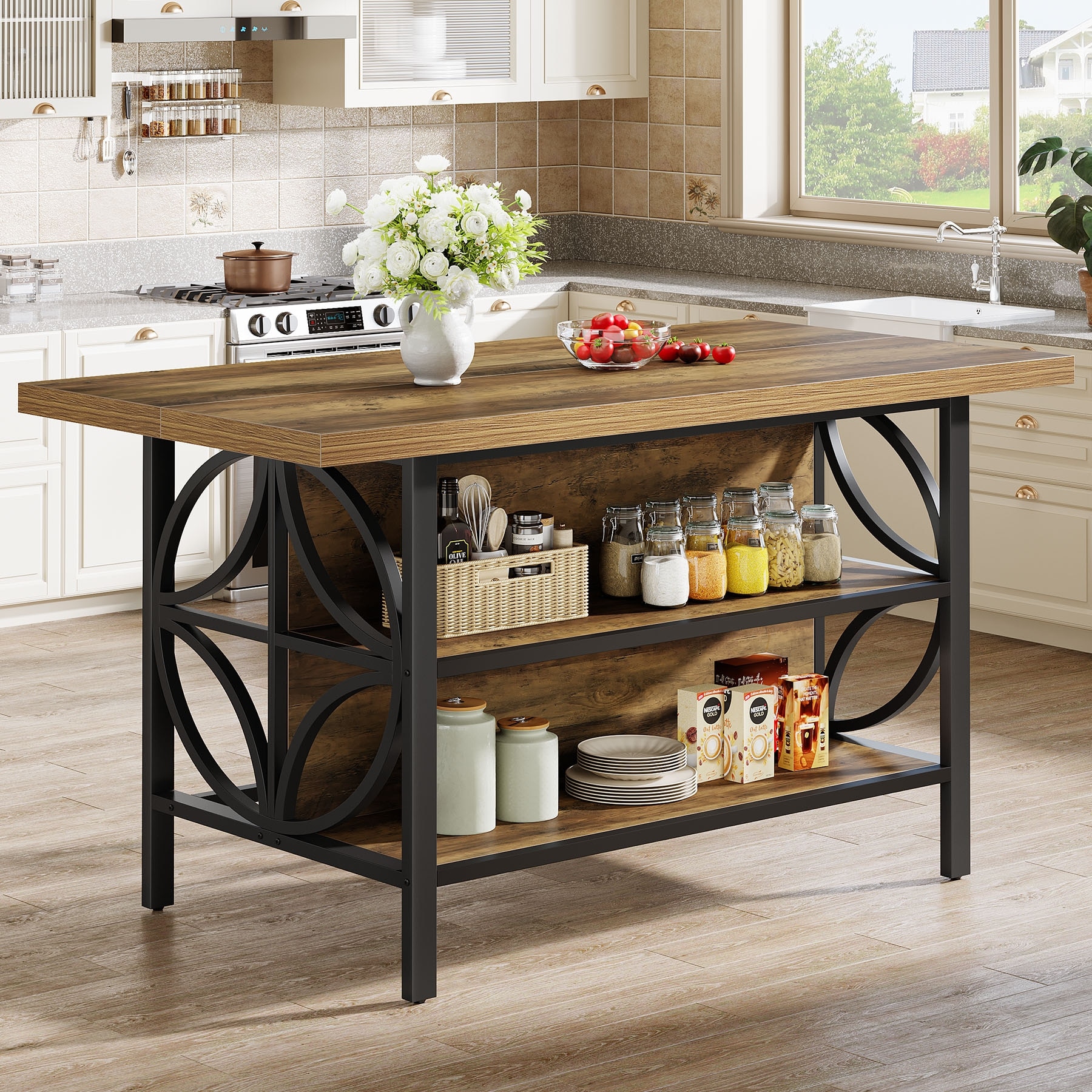 63'' Industrial Kitchen Island Bar Table with Open Storage Shelves