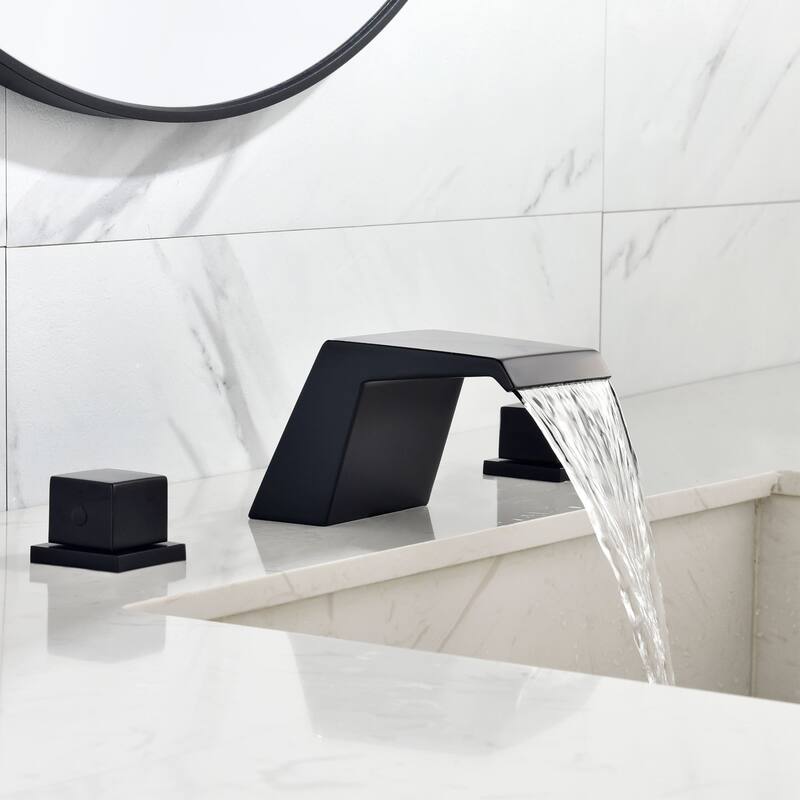 8 Inch Widespread Bathroom Sink Faucet Waterfall Modern Double Handle Bathroom Vanity Faucet Three Hole Mixer Tap With Valve - Matte Black