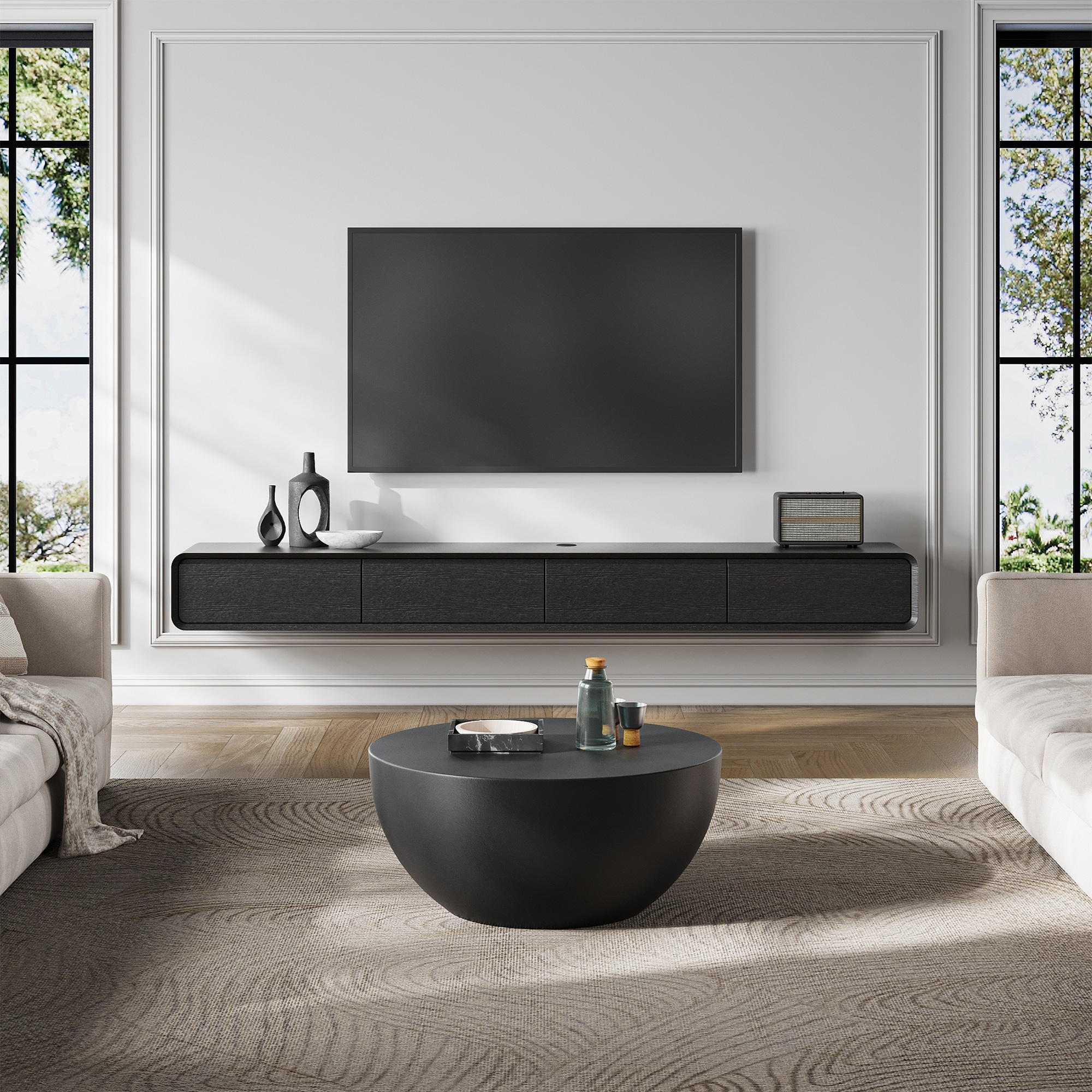 Floating Modern TV Stand for Living Room, Wall-Mounted Entertainment Center with Storage Drawers, Solid Wood, Fully-Assembled