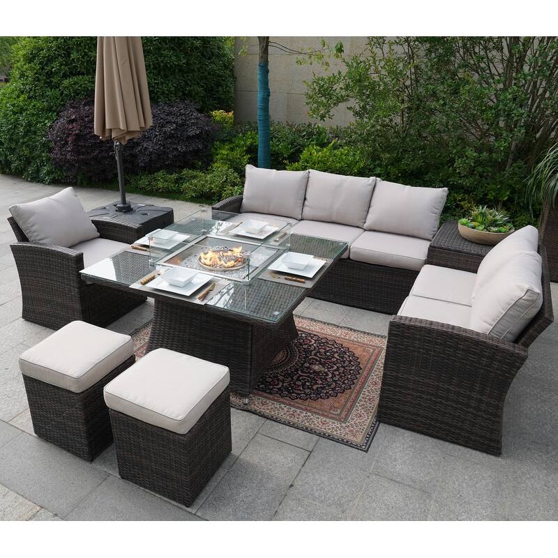 7 Pieces Patio Wicker Sofa with Square Firepit Dinging Table