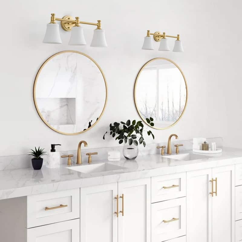 3 Light Antique Brass Vanity Wall Sconce with Frosted White Glass Shades Modern Vintage Bathroom Lighting Fixture
