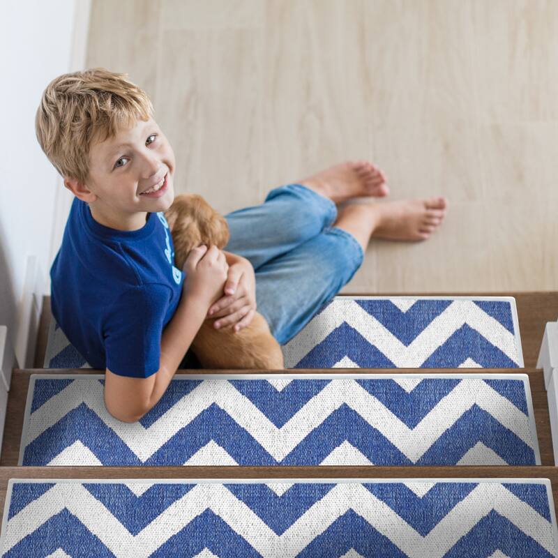 SussexHome Traverse Design 9" X 28" Stair Treads - 70% Cotton Anti-Slip Carpet Strips for Stairs-with Double Adhesive Tape - 4 PACK - Navy