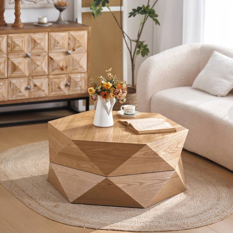 36.61'' Retro Style Polygon Flip Top Coffee Table, with Flip Top for Convenient Access, Hidden Storage - Natural