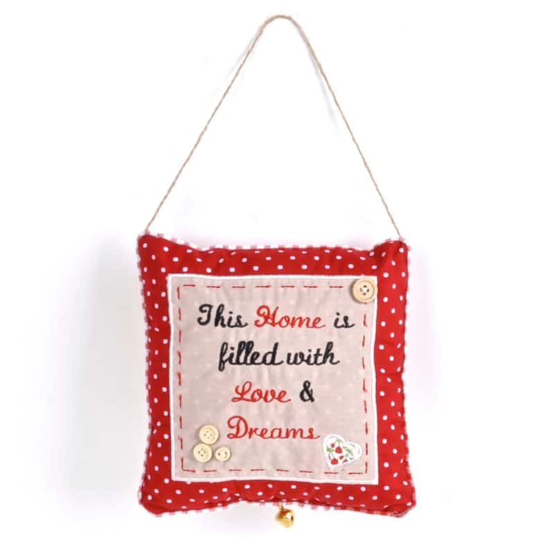 This Home Is Filled With Love & Dreams On A Red Polka Dot Background Hanging Decorative Pillow