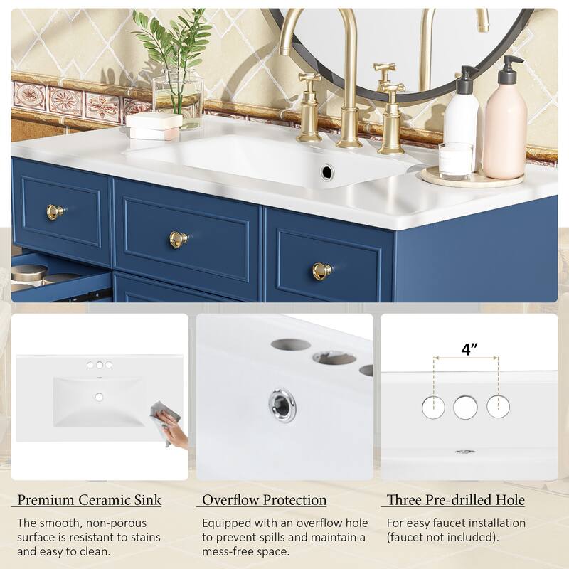 36 Inch Freestanding Bathroom Vanity with White Ceramic Basin and Door and Drawers