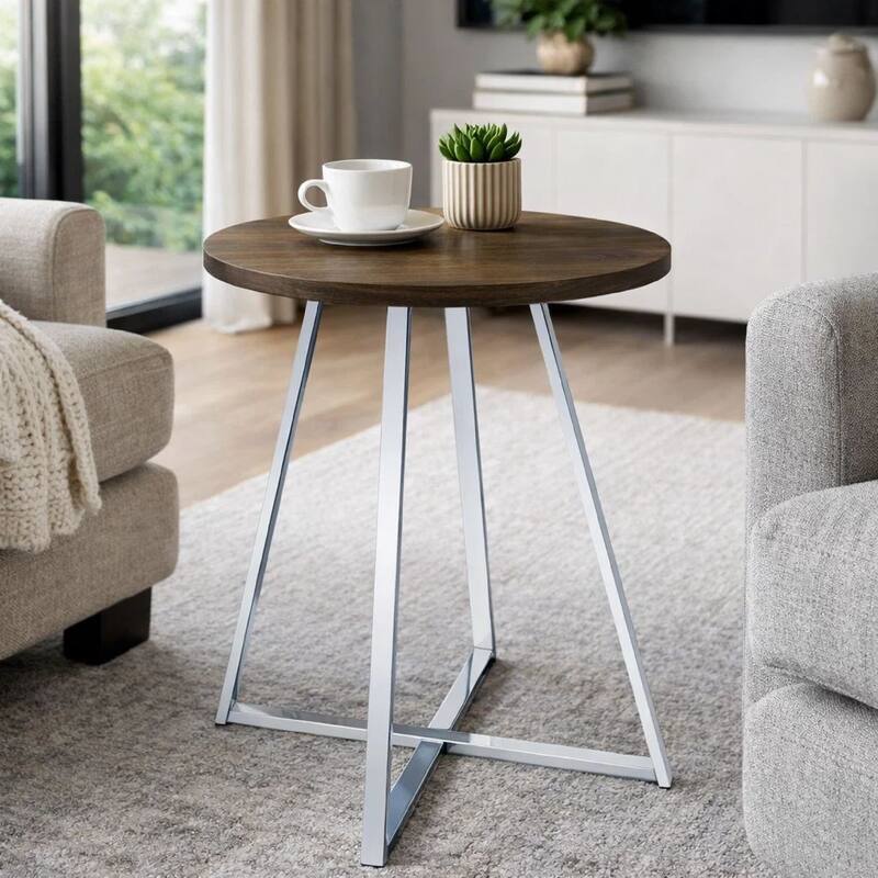 43 Inch Tall Modern Bar Table, Brown Round Top, Polished Chrome Flared Legs