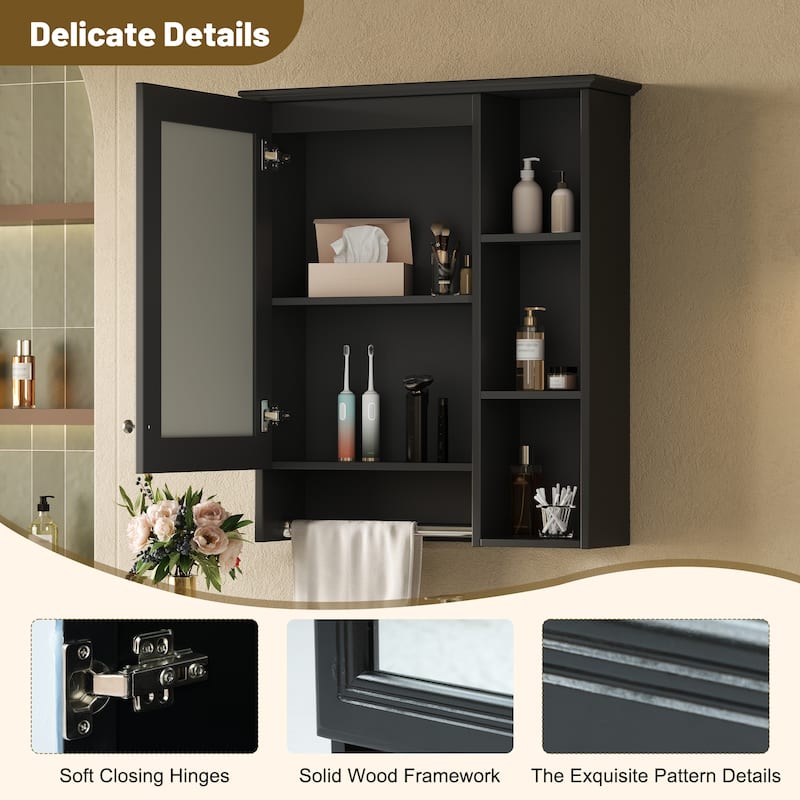 3-in-1 Bathroom Mirror Cabinet, 24-inch Wall Mounted Medicine Cabinet with Adjustable Shelf & Tower Bar