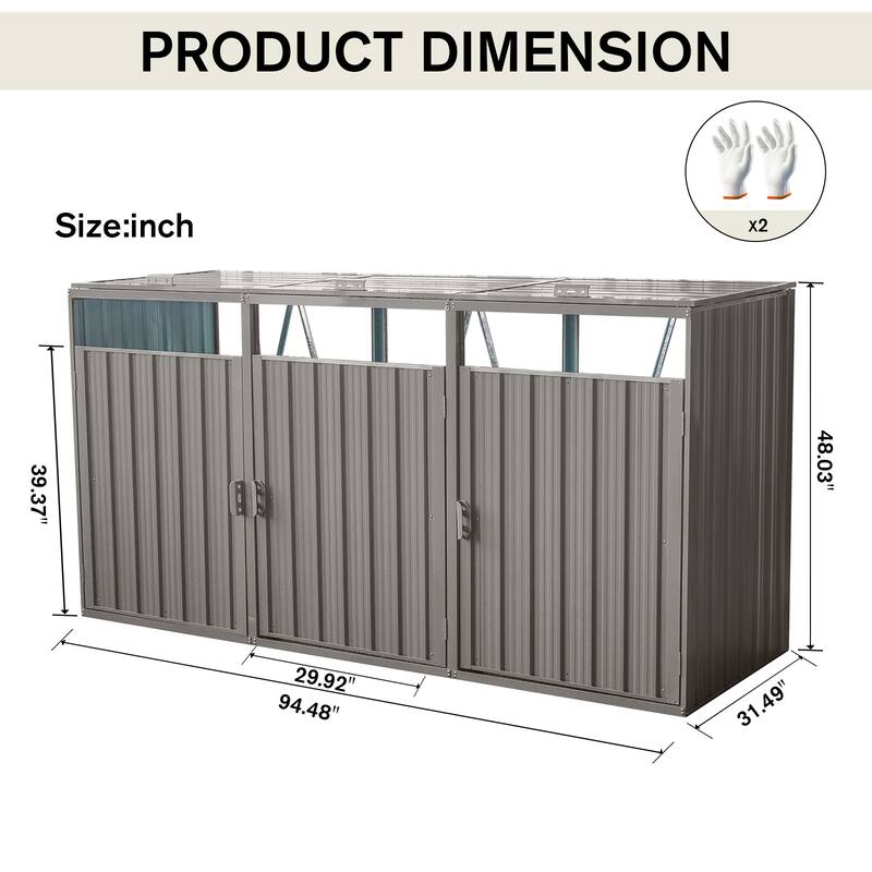 Garbage Bin Shed Stores 3 Trash Cans Metal Outdoor Bin Shed for Garbage Storage,Stainless Galvanized Steel, Bin Shed