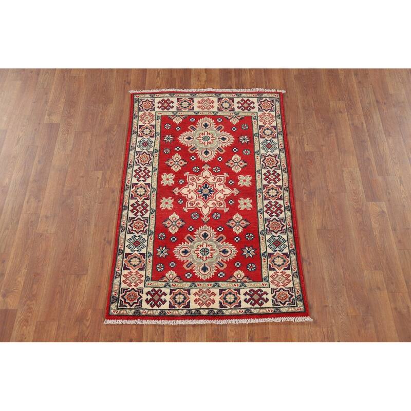 Kazak Oriental Accent Rug Hand-Knotted Red Geometric Wool Carpet - 2'8" x 4'2"