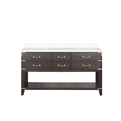 Norwalk 60 in W x 22 in D Black Oak Double Bath Vanity and White Quartz Top