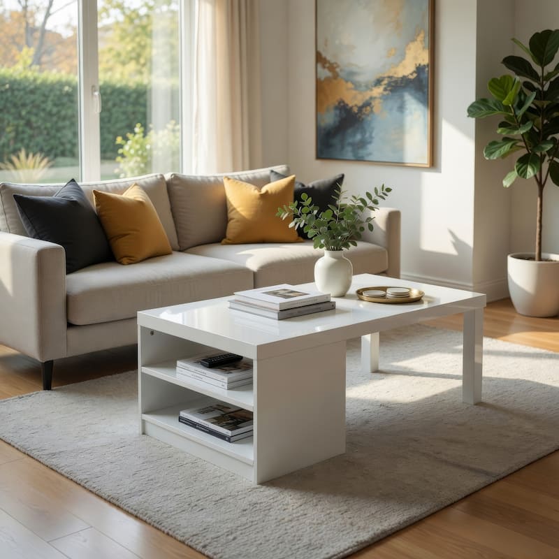 Wood and Metal Frame Coffee Table with Open Shelves, White and Chrome