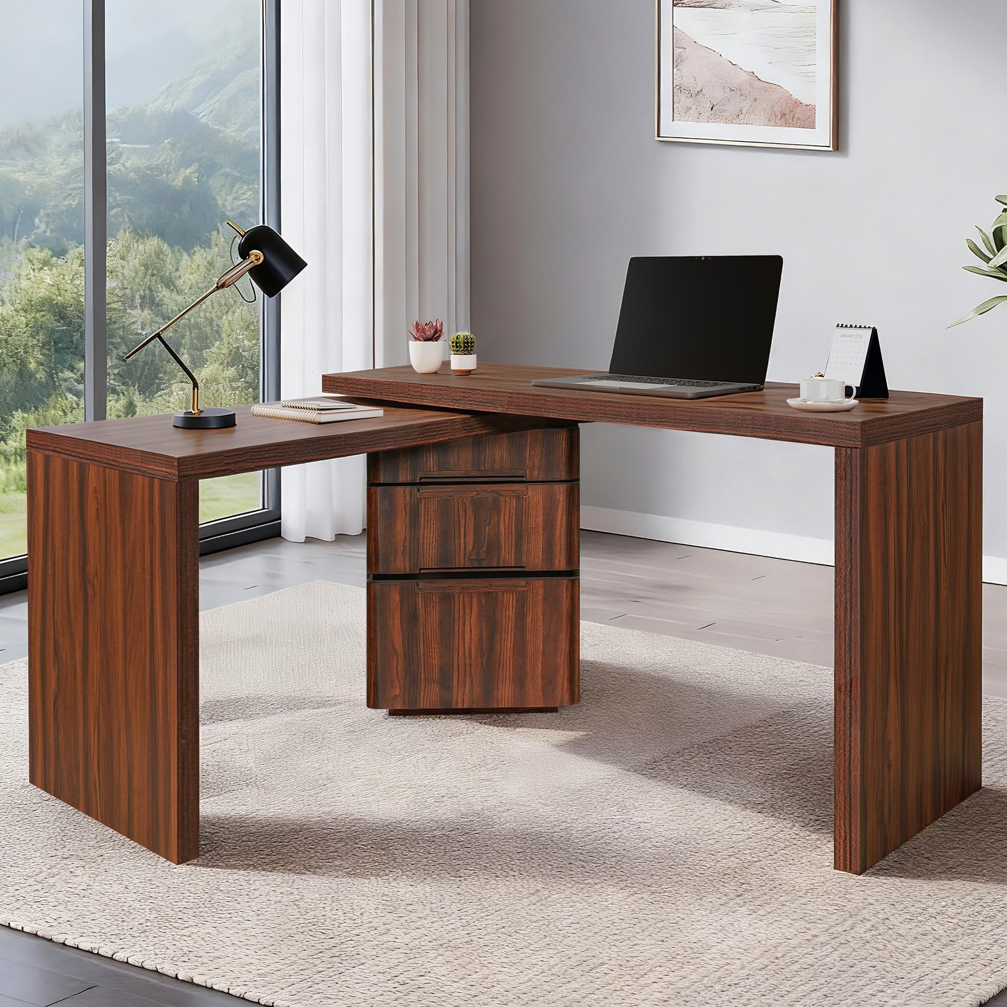 90" Modern L-Shaped Executive Desk with 3 Drawers & 360° Rotating Top - Office Corner Workstation for Home or Living Room