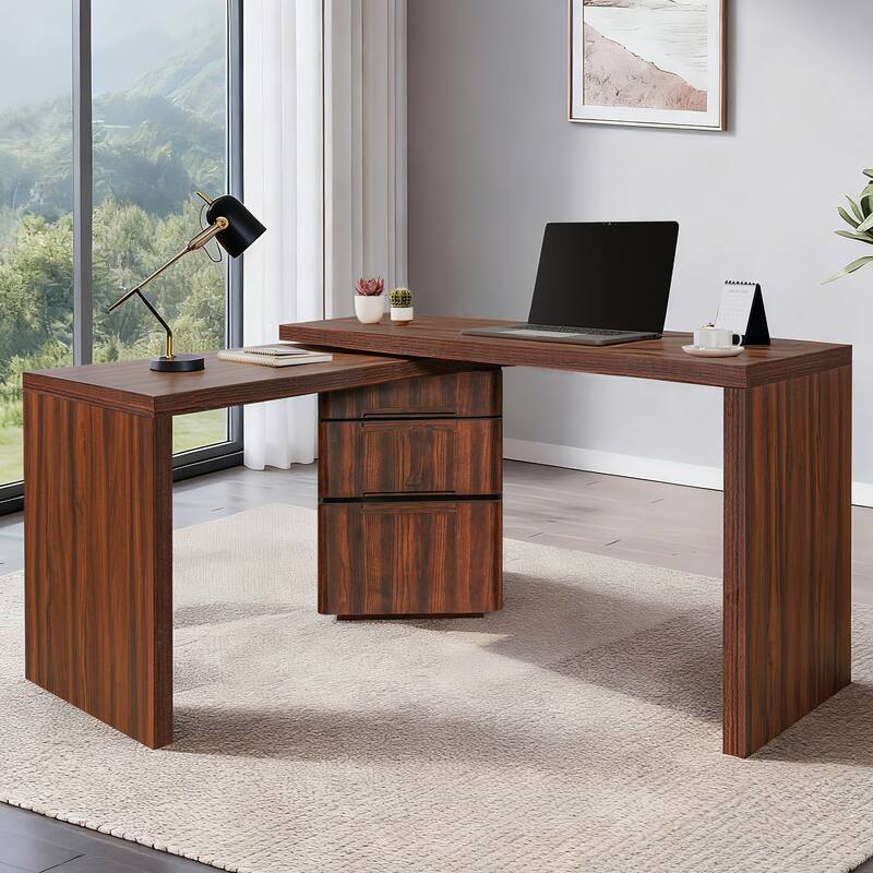 90" Modern L-Shaped Executive Desk with 3 Drawers & 360° Rotating Top - Office Corner Workstation for Home or Living Room - Walnut