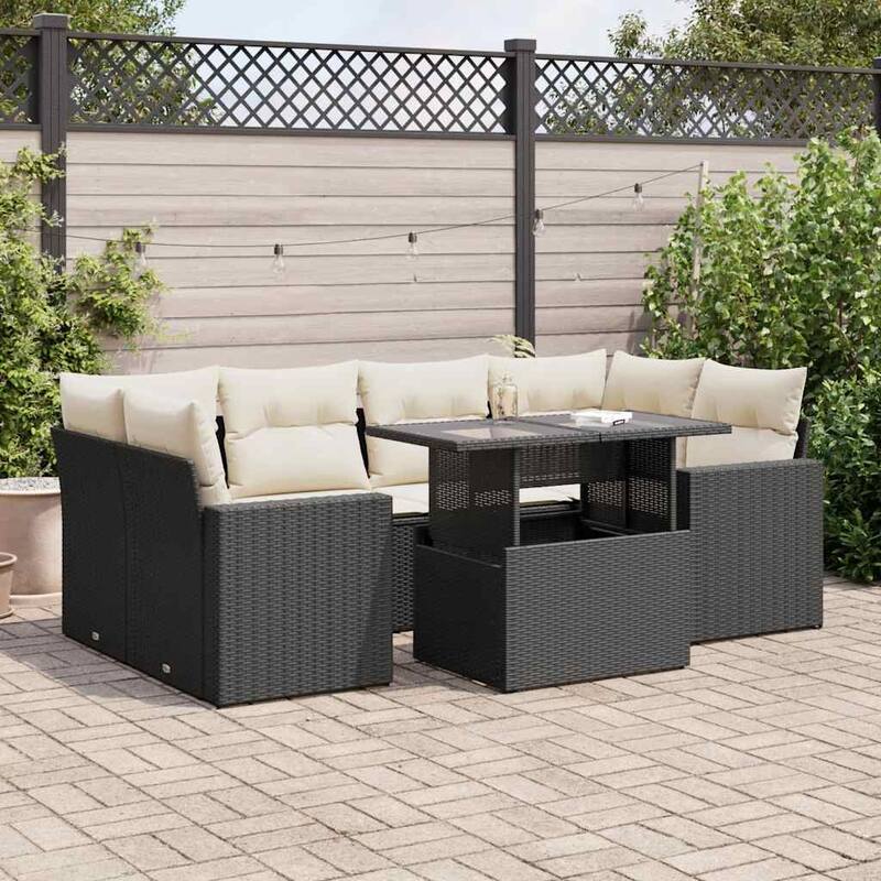 vidaXL Patio Sofa Set with Cushions Outdoor Furniture 7 Piece Poly Rattan - 21.7 x 39.4 x 28.7 in - Black and cream with storage