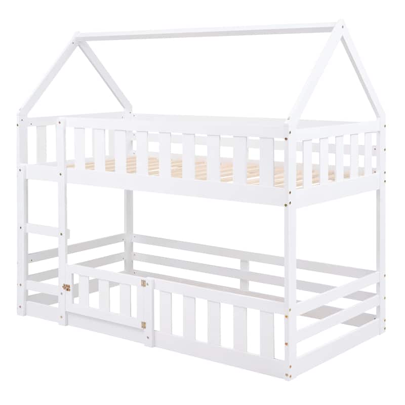 Solid Wood Twin Over Twin House Bunk Bed with Fence and Door