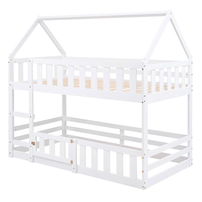 Twin Over Twin Bunk Bed with Fence and Door House Shape Design Solid Wood