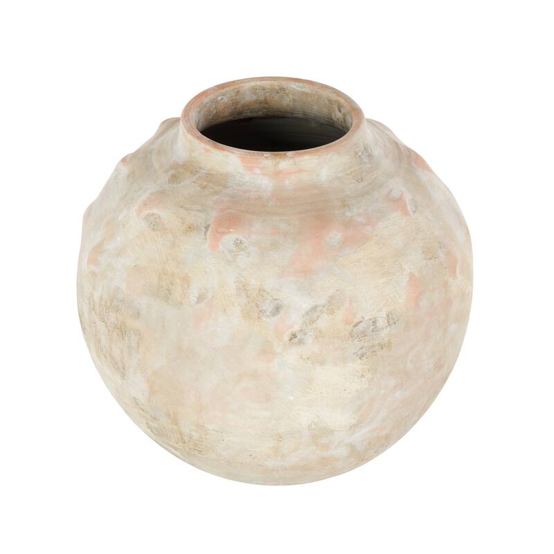 Beige Ceramic Antique Short Wide Decorative Vase with Shades of Pink