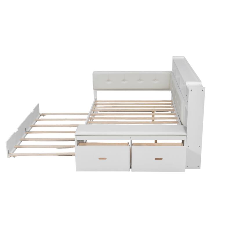 Full Size L-shape Daybed, Captains Bed with Trundle, Bookcase Built-in Charging Station, Upholstered Storage Bench and Headboard