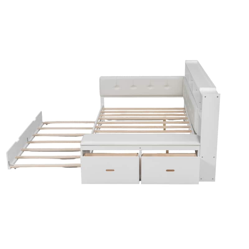 Full Size Wood Daybed with Trundle, Padded Bench, Charging Station, and Upholstered Headboard by Harper&Bright Designs