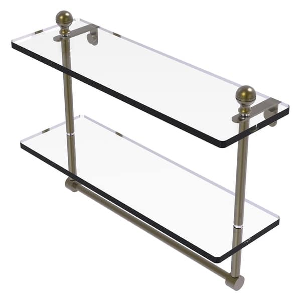 Mambo Collection 16 in. Two Tiered Glass Shelf with Integrated Towel Bar in Unlacquered Brass Mambo Collection 16 in. Two Tiered Glass Shelf with Integrated Towel Bar in Unlacquered Brass