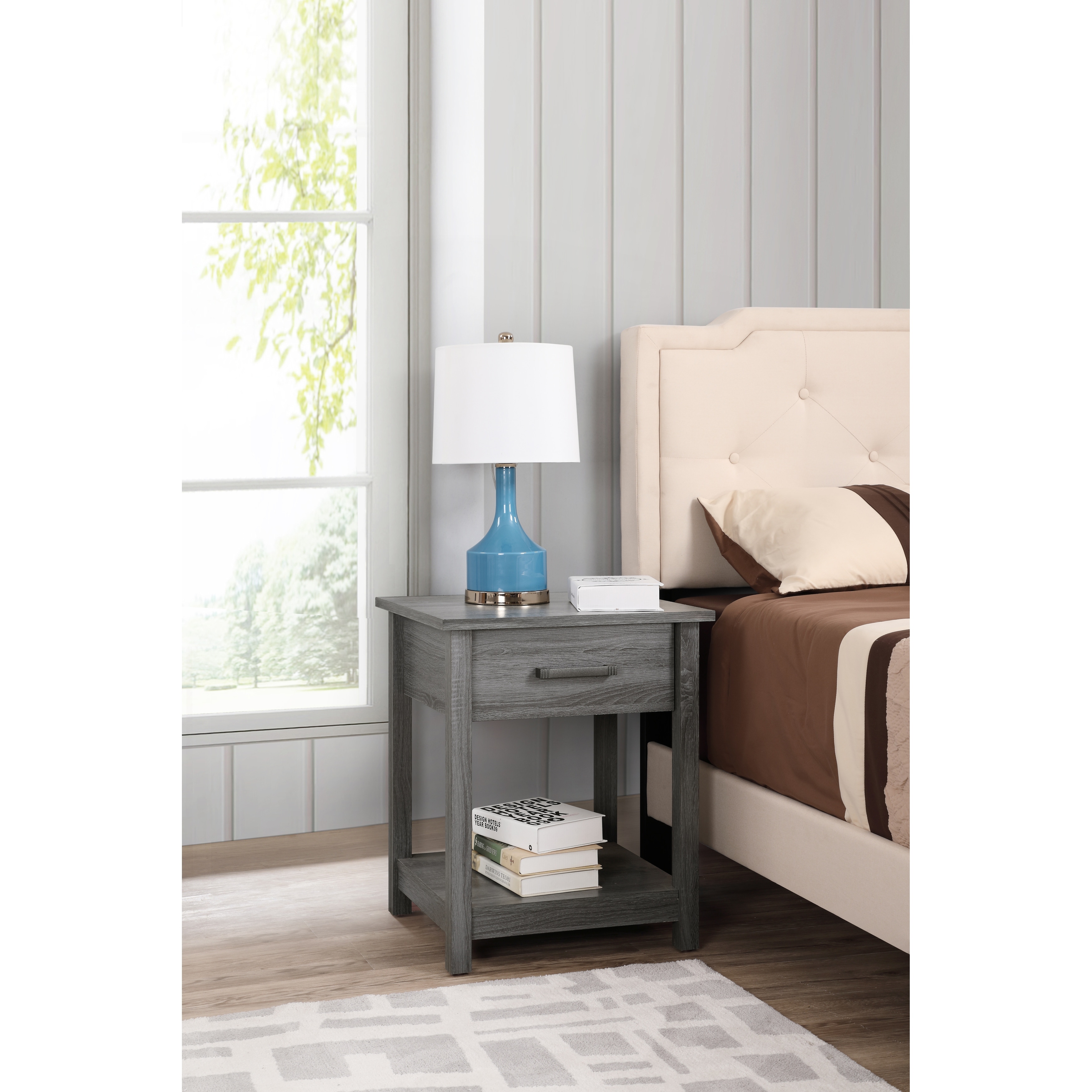 Modern 20-in Metal Hand Holder Shelf Wood Nightstand with Drawer