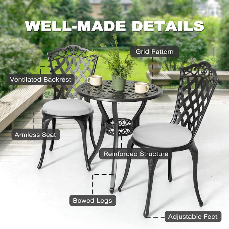 Patio 3-Piece Cast Aluminum Bistro Set with Cushions, Umbrella Hole