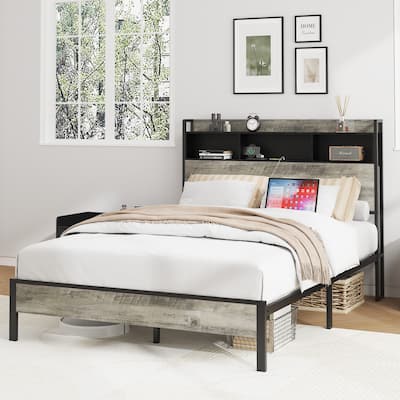 Full size wooden platform bed frame bedside with soft package and 2 USBs