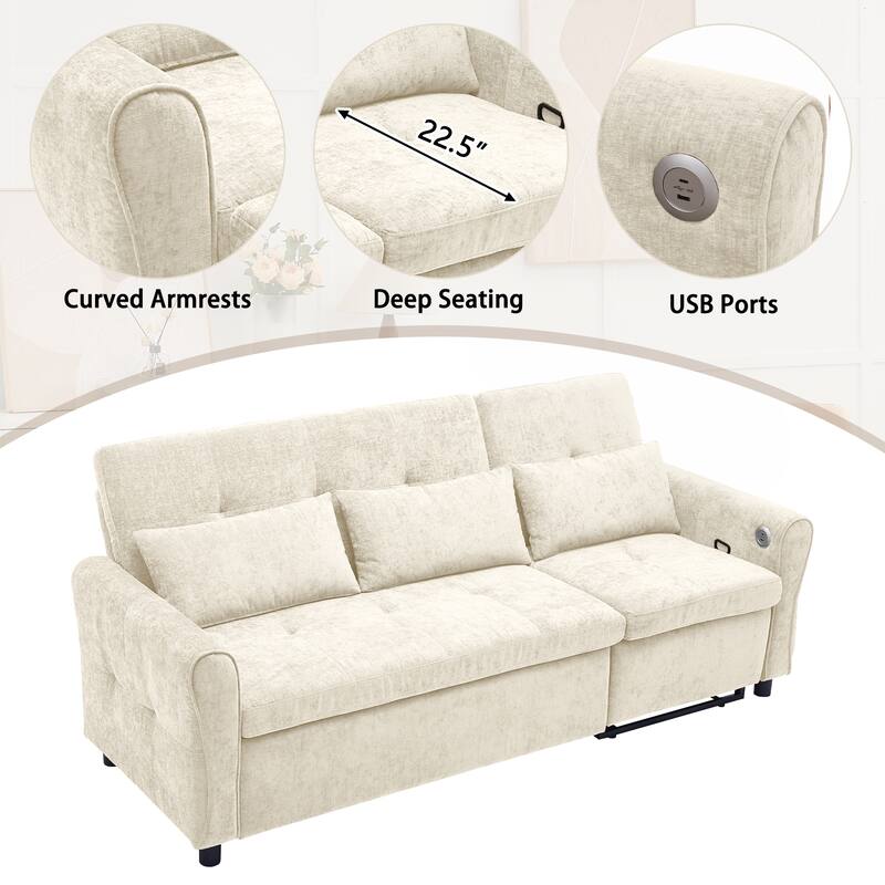 2-in-1 Sleeper Sofa Bed, 3 Seater Sectional Sofa with Pull Out Bed, Reversible Recliner Sofa with Pillows and USB Port
