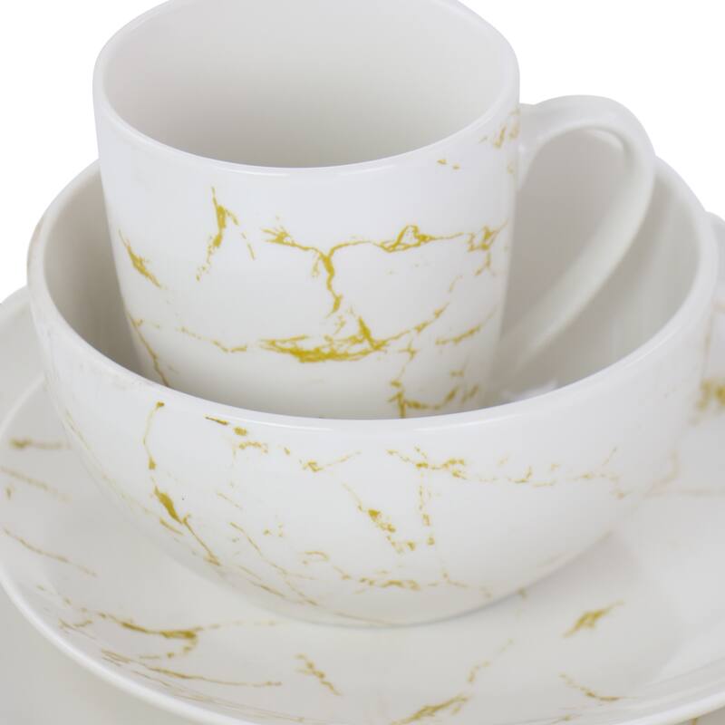 Elama Fine Marble 16 Piece Stoneware Dinnerware Set in Gold and White