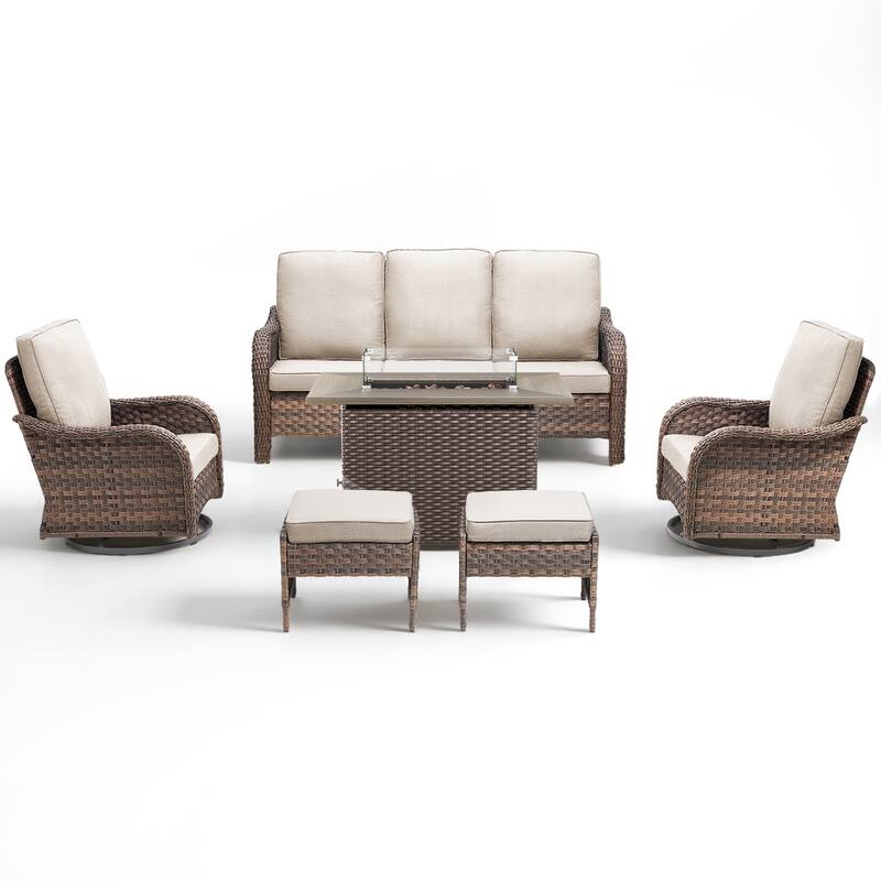 Pocassy Patio Funiture Sofa Swivel Chairs Ottoman with Fire Table Set