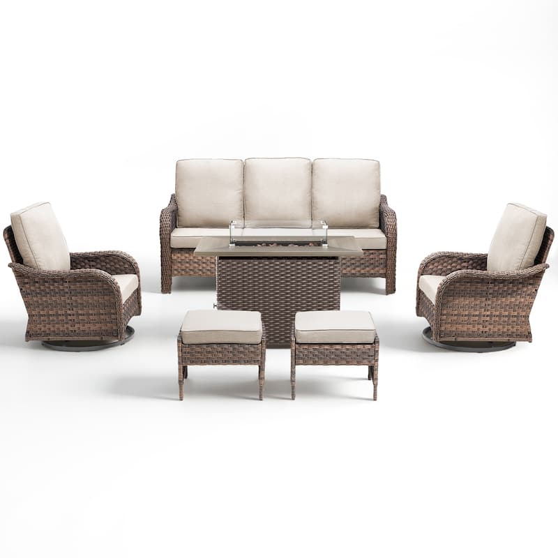 Pocassy Patio Sofa Swivel Chairs Ottoman with Fire Table Funiture