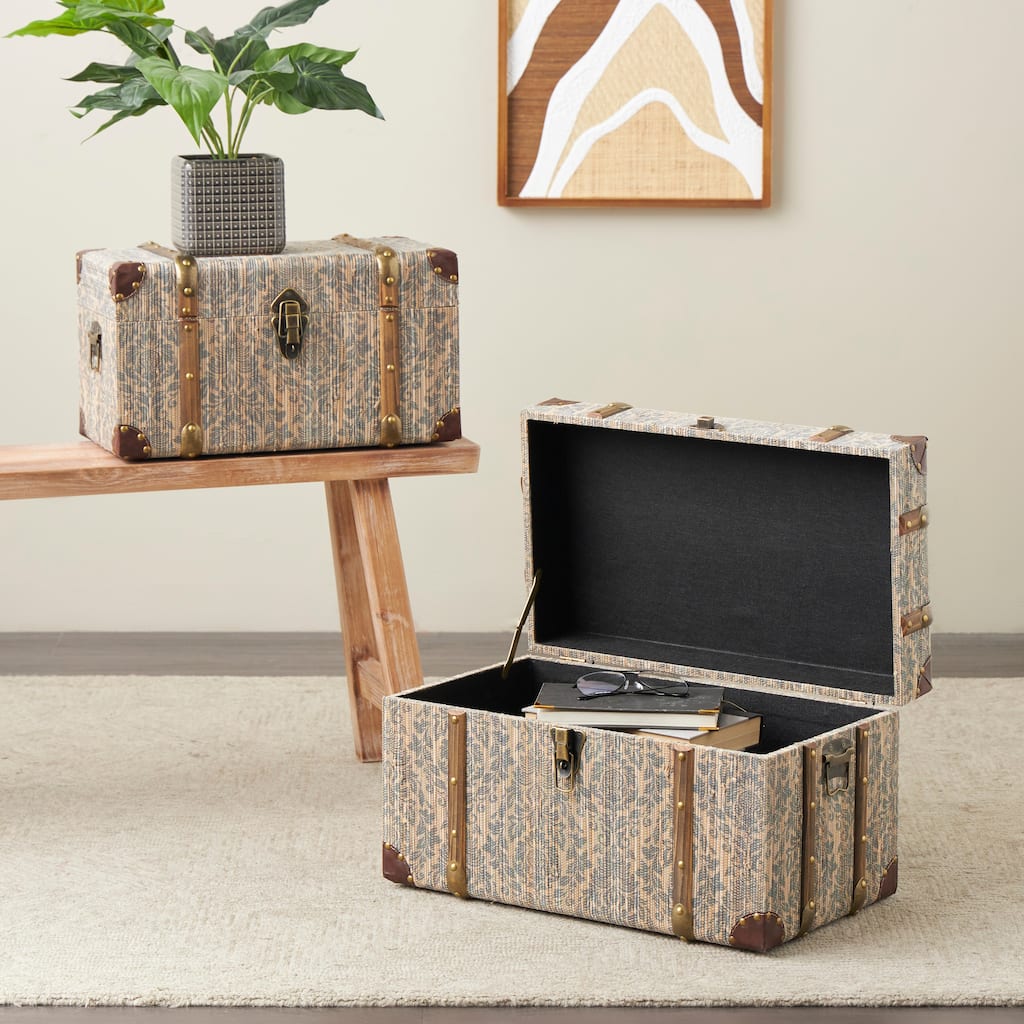 Blue Wooden Vintage Storage Floral Decorative Trunk with Brown Leather and Wood Accents and Gold Studs (Set of 2)