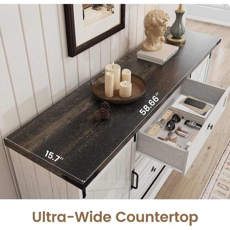 Farmhouse 4 Drawer Dresser for Bedroom, 59" Wood Dressers with Sliding Barn Doors