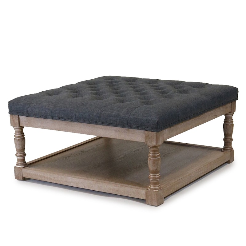 Cairona Tufted Textile 34-inch Shelved Ottoman Table - Dark Grey Top/Natural Wood