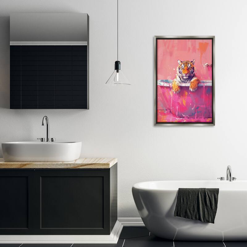 Stupell Bright Bathing Tiger in Tub Framed Floater Canvas Wall Art Design By LSR Design Studio