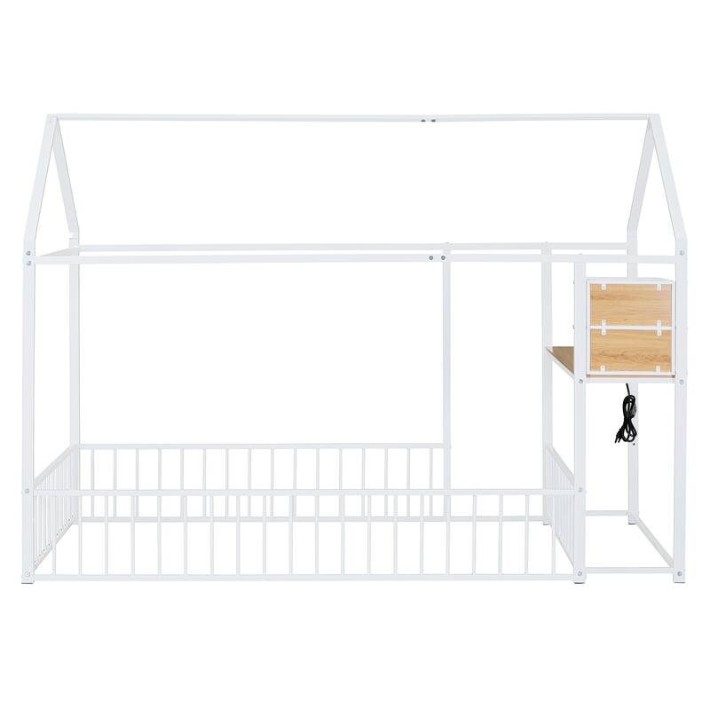 Twin Size Metal House Platform Bed Frame with Built-In Desk, USB Charging And Storage Shelves