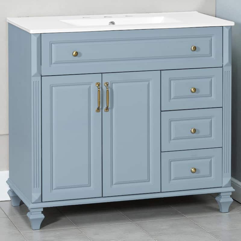 36-Inch Solid Wood Bathroom Vanity with Ceramic Sink, Flip Drawer, 3 Drawers and 2 Doors, Freestanding MDF Cabinet - Blue Gray